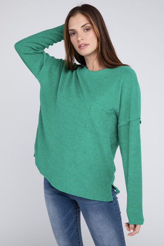 Ribbed Brushed Melange Hacci Sweater with a Pocket-Charmful Clothing Boutique