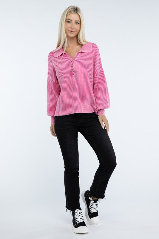 Washed Collared Henley Sweater-Charmful Clothing Boutique