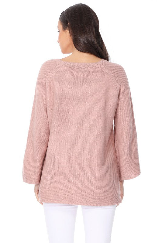 Boat Neck Bell Sleeve High Low Pullover Sweater-Charmful Clothing Boutique