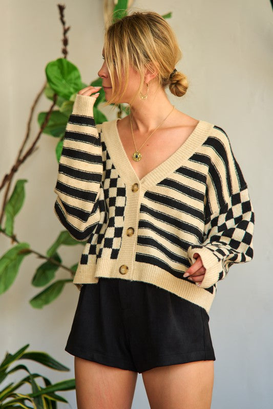 Contrast pattern sweater cardigan JJK5019-Charmful Clothing Boutique