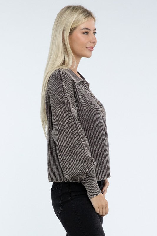 Washed Collared Henley Sweater-Charmful Clothing Boutique