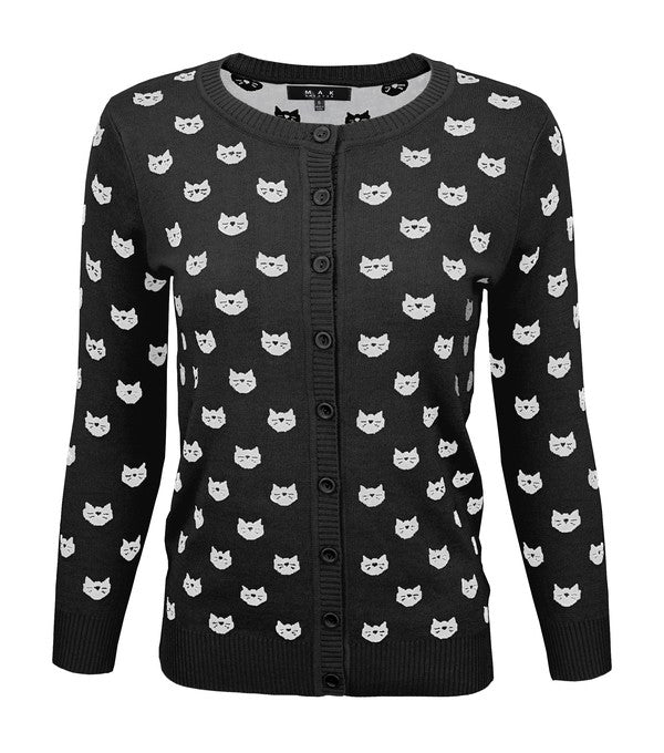 Round Neck Cat Patterned Cardigan Sweater-Charmful Clothing Boutique