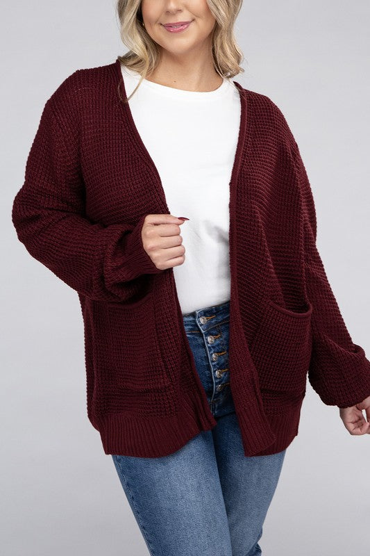 Plus Low Gauge Waffle Open Cardigan Sweater-Charmful Clothing Boutique