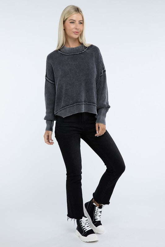 Washed Side Slit Oversized Cropped Sweater-Charmful Clothing Boutique