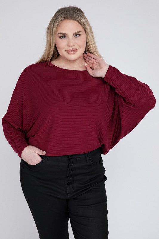 Plus Ribbed Batwing Long Sleeve Boat Neck Sweater-Charmful Clothing Boutique