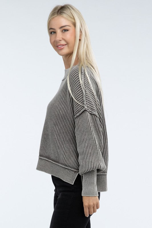 Washed Side Slit Oversized Cropped Sweater-Charmful Clothing Boutique