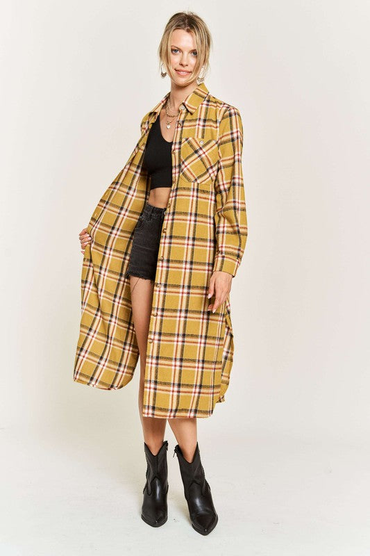 PLAID PRINT COLLAR LONG SHIRT DRESS PLUS-Charmful Clothing Boutique