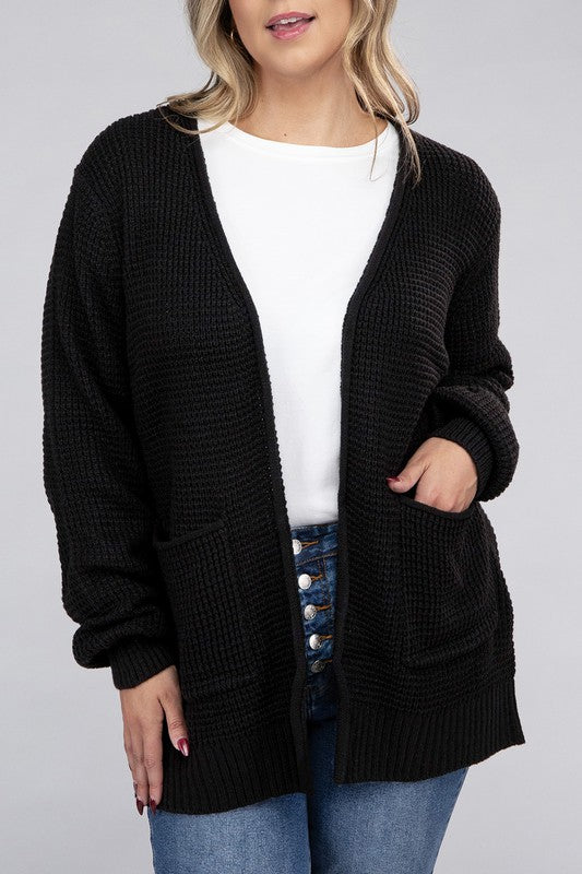 Plus Low Gauge Waffle Open Cardigan Sweater-Charmful Clothing Boutique