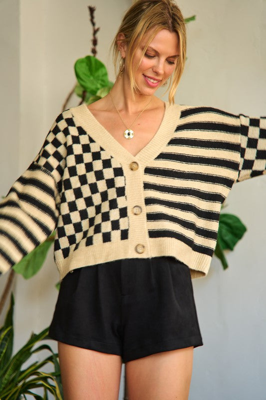 Contrast pattern sweater cardigan JJK5019-Charmful Clothing Boutique