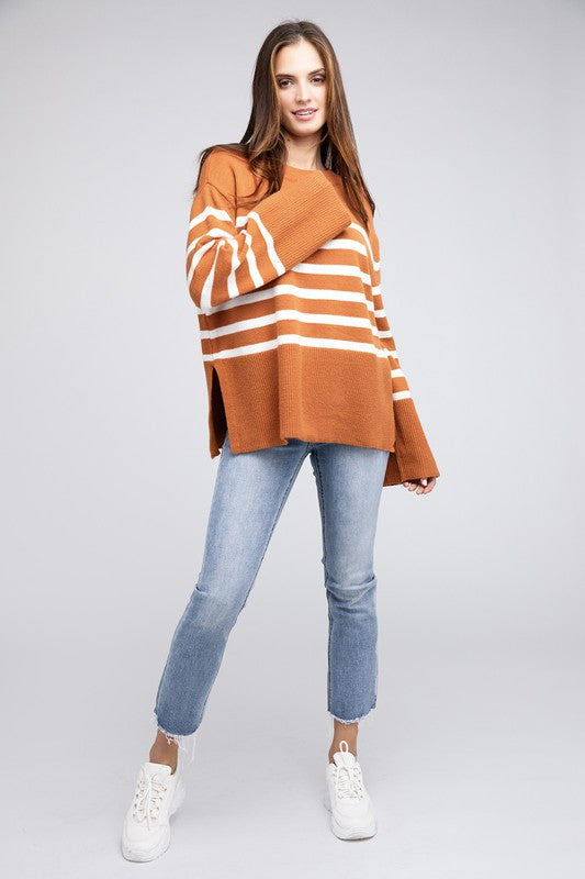 Ribbed Hem Stripe Sweater-Charmful Clothing Boutique