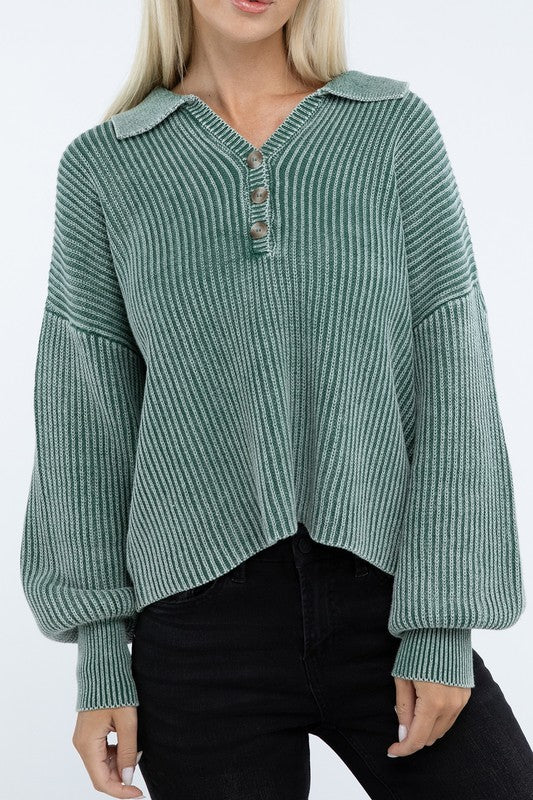 Washed Collared Henley Sweater-Charmful Clothing Boutique