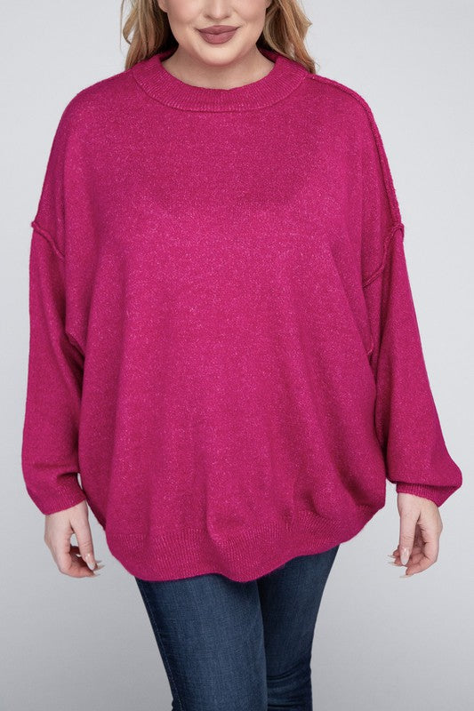 Plus Oversized Round Neck Raw Seam Melange Sweater-Charmful Clothing Boutique