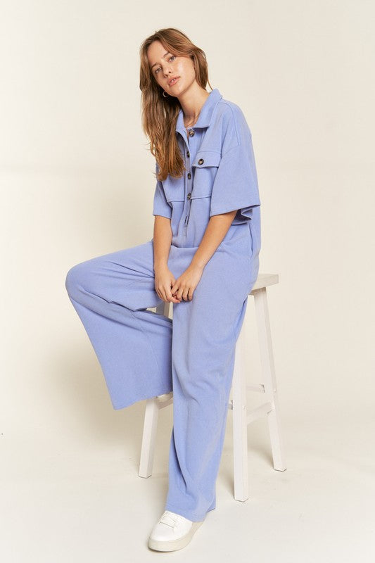 Basic Collar Shirt Wide leg Jumpsuit-Charmful Clothing Boutique