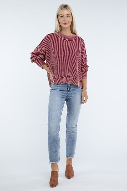 Washed Side Slit Oversized Cropped Sweater-Charmful Clothing Boutique