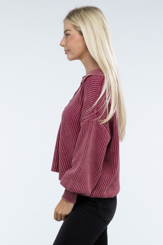 Washed Collared Henley Sweater-Charmful Clothing Boutique