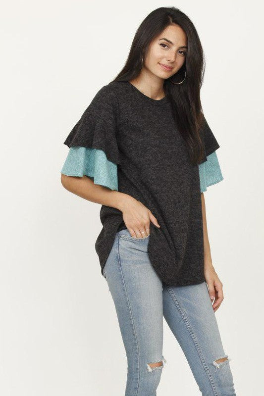 Plus Color Block Sleeve Ruffle Knit Top-Charmful Clothing Boutique