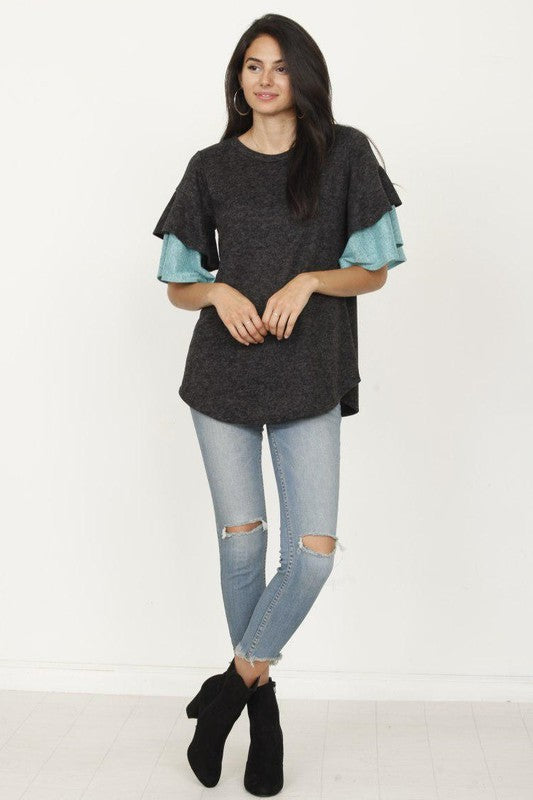 Plus Color Block Sleeve Ruffle Knit Top-Charmful Clothing Boutique