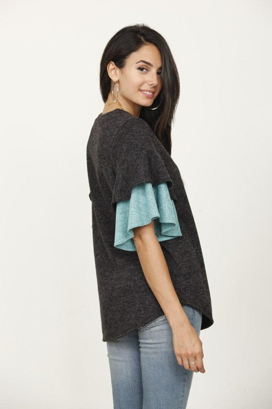 Plus Color Block Sleeve Ruffle Knit Top-Charmful Clothing Boutique