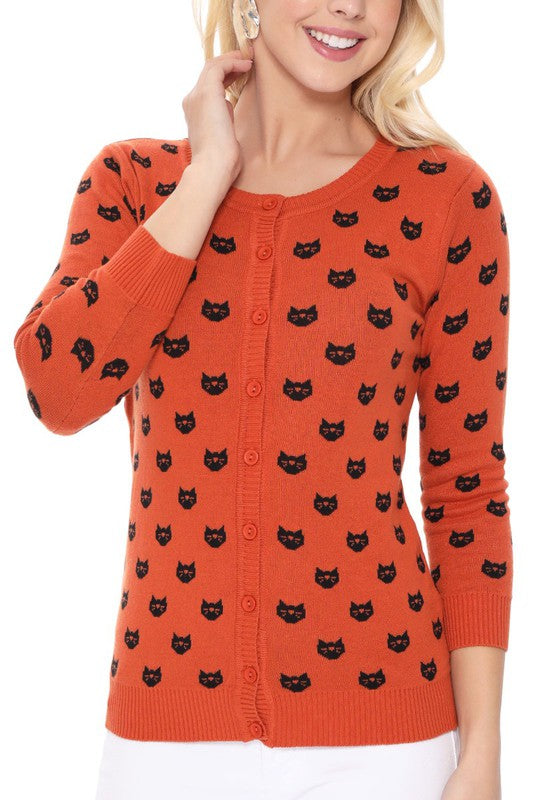 Round Neck Cat Patterned Cardigan Sweater-Charmful Clothing Boutique