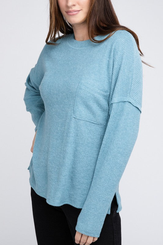 Ribbed Brushed Melange Hacci Sweater with a Pocket-Charmful Clothing Boutique