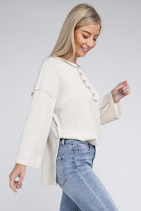 Ribbed Brushed Melange Hacci Henley Sweater-Charmful Clothing Boutique