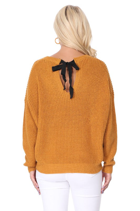 Waffle Stitch Bat Wing Bow Back Pullover  Sweater-Charmful Clothing Boutique