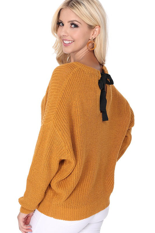 Waffle Stitch Bat Wing Bow Back Pullover  Sweater-Charmful Clothing Boutique