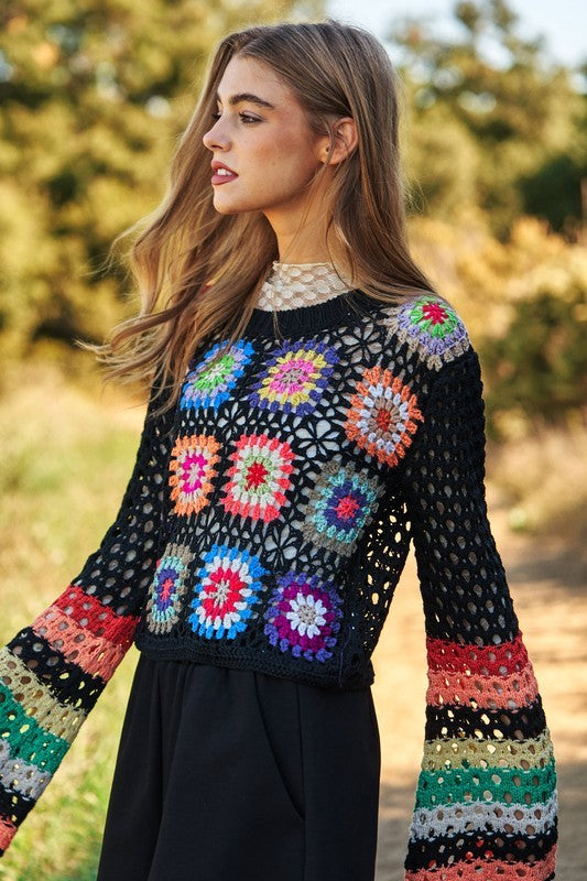 Floral Crochet Striped Sleeve Cropped Knit Sweater-Charmful Clothing Boutique