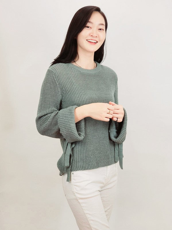 Bow Bell Sleeve Waffle Knit Sweater Pullover-Charmful Clothing Boutique