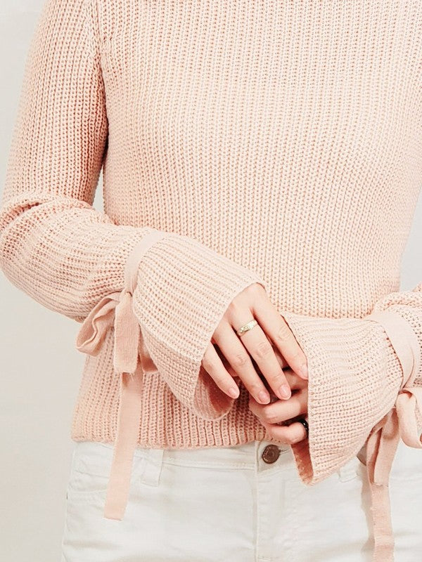 Bow Bell Sleeve Waffle Knit Sweater Pullover-Charmful Clothing Boutique