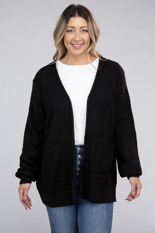 Plus Low Gauge Waffle Open Cardigan Sweater-Charmful Clothing Boutique