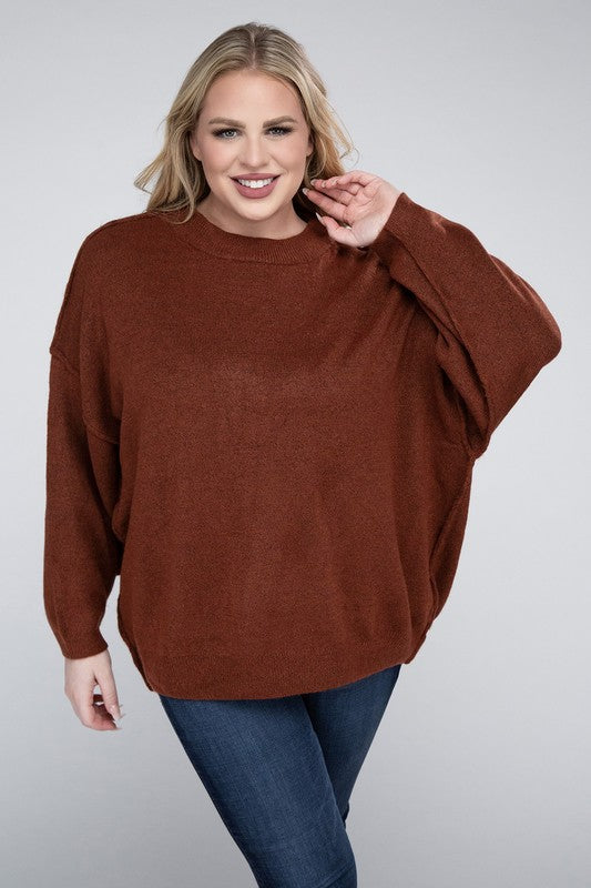 Plus Oversized Round Neck Raw Seam Melange Sweater-Charmful Clothing Boutique