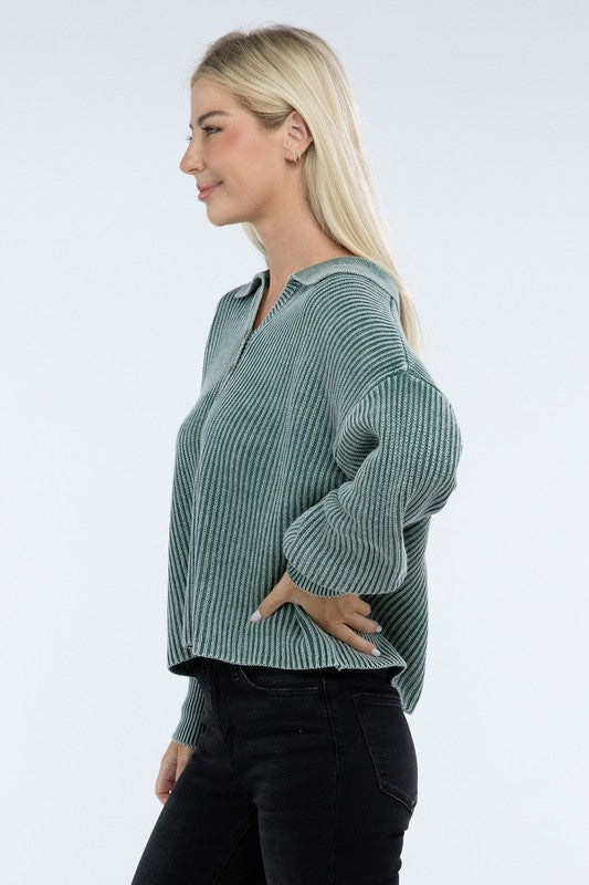 Washed Collared Henley Sweater-Charmful Clothing Boutique