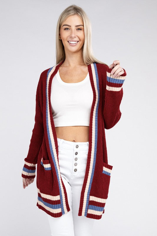 Open cardigan with contrast trim-Charmful Clothing Boutique