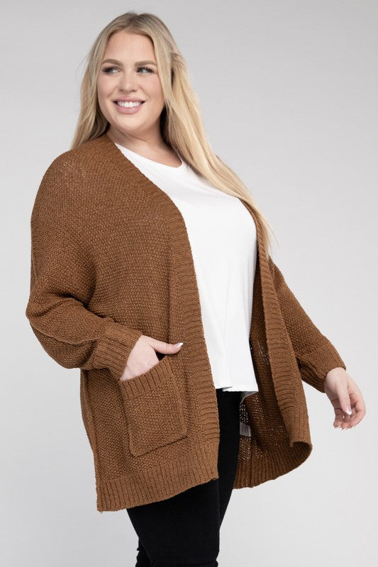 Plus Size Ribbed Knit Open Front Cardigan-Charmful Clothing Boutique