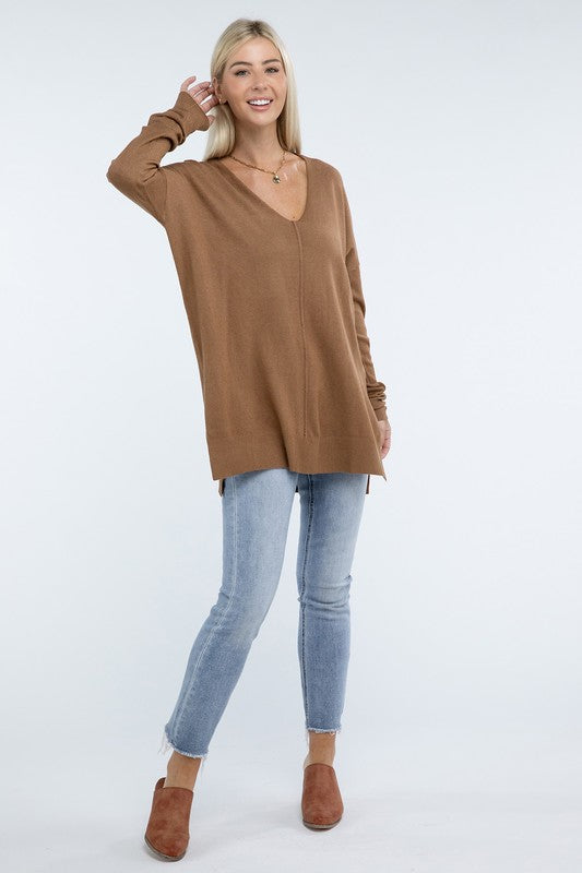 Hi-Low Hem Front Seam Sweater-Charmful Clothing Boutique