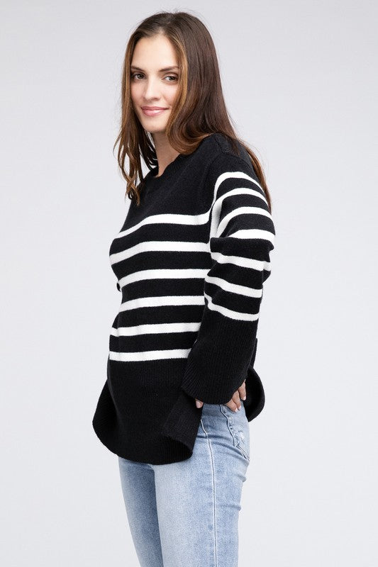 Ribbed Hem Stripe Sweater-Charmful Clothing Boutique