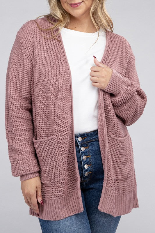 Plus Low Gauge Waffle Open Cardigan Sweater-Charmful Clothing Boutique