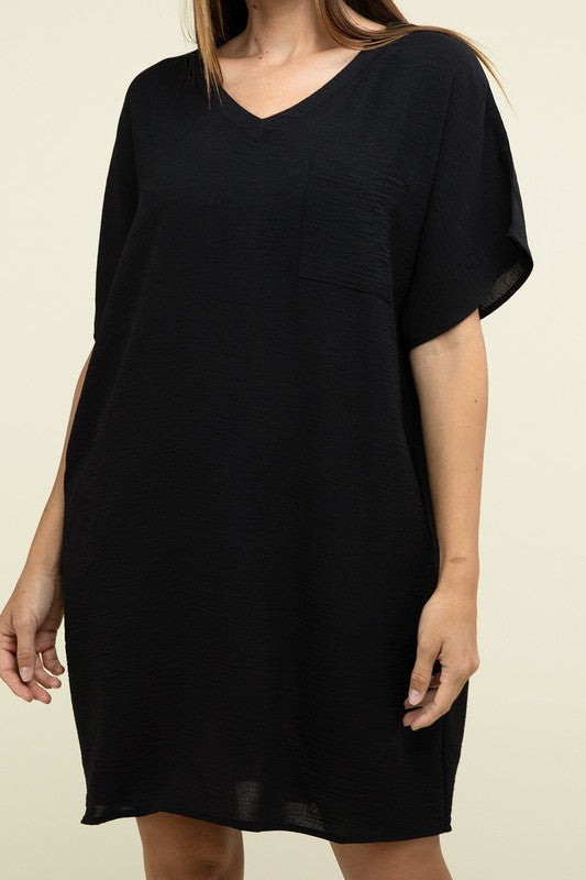 Woven Airflow V Neck T-Shirt Dress with Pockets-Charmful Clothing Boutique