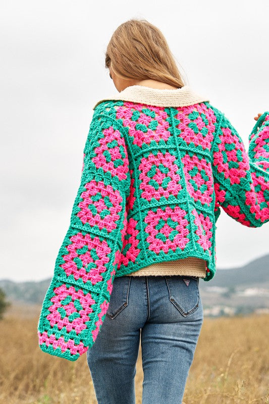 Two-Tone Floral Square Crochet Open Knit Cardigan-Charmful Clothing Boutique