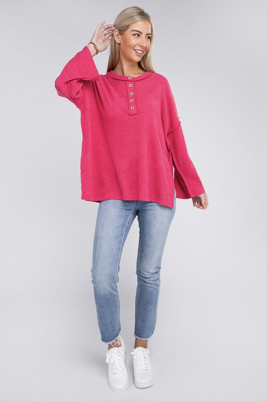 Ribbed Brushed Melange Hacci Henley Sweater-Charmful Clothing Boutique