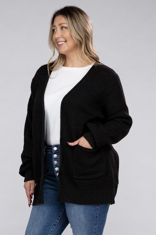 Plus Low Gauge Waffle Open Cardigan Sweater-Charmful Clothing Boutique