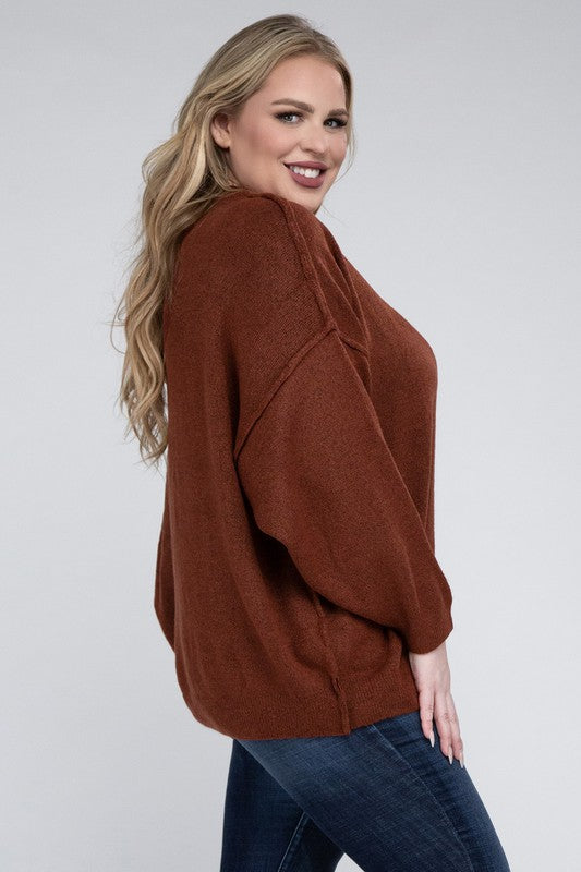 Plus Oversized Round Neck Raw Seam Melange Sweater-Charmful Clothing Boutique