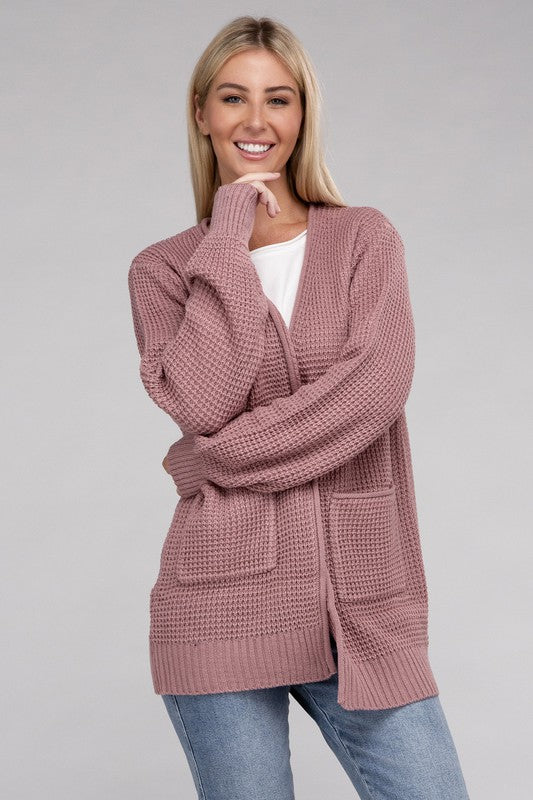 Low Gauge Waffle Open Cardigan Sweater-Charmful Clothing Boutique