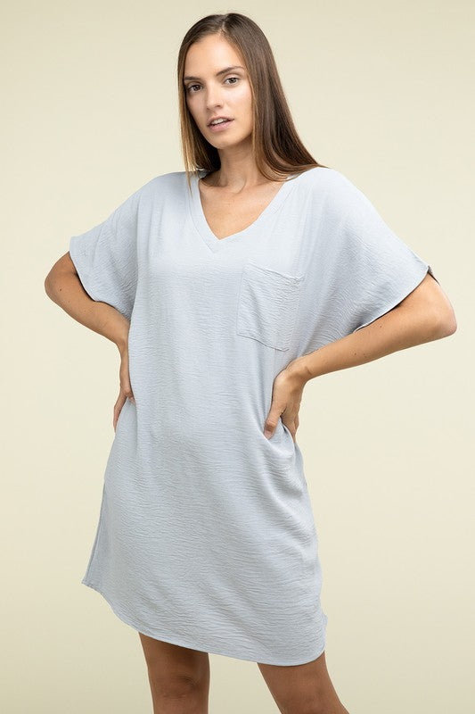 Woven Airflow V Neck T-Shirt Dress with Pockets-Charmful Clothing Boutique