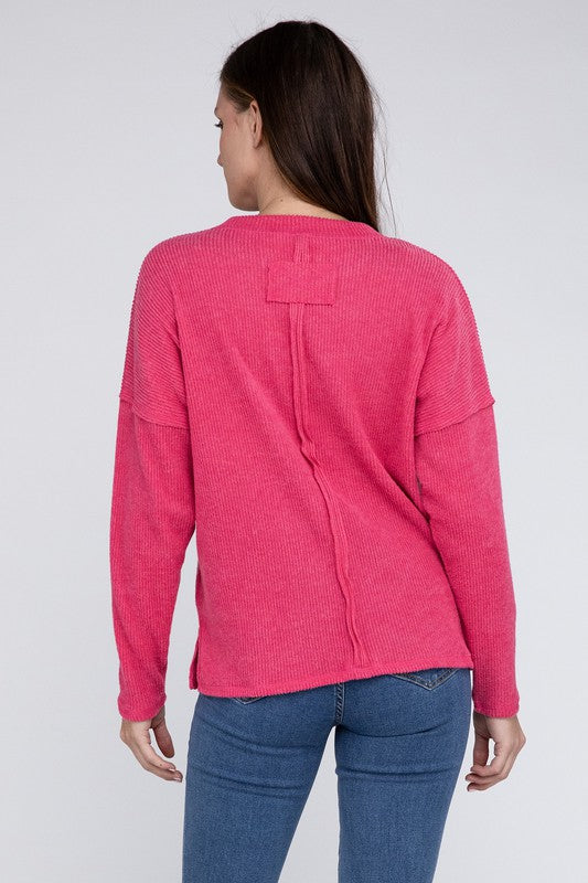 Ribbed Brushed Melange Hacci Sweater with a Pocket-Charmful Clothing Boutique