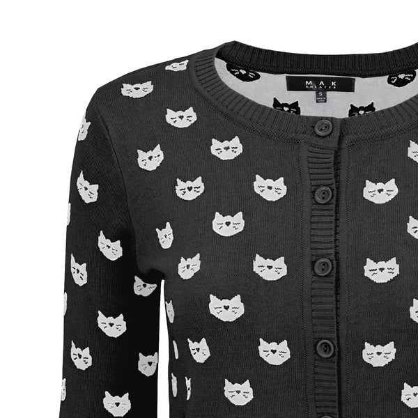 Round Neck Cat Patterned Cardigan Sweater-Charmful Clothing Boutique