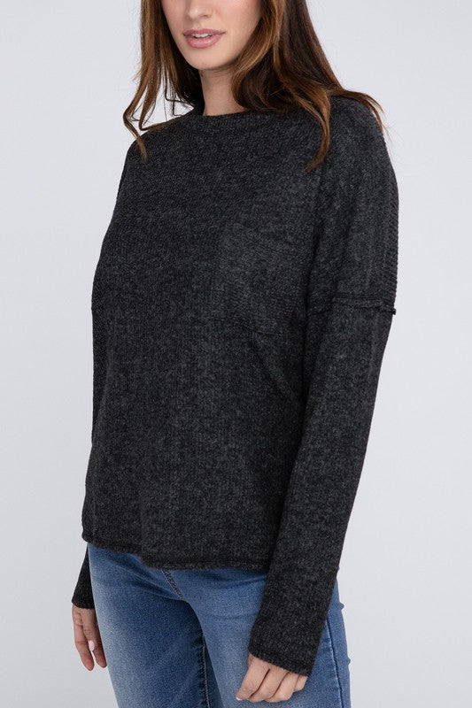 Ribbed Brushed Melange Hacci Sweater with a Pocket-Charmful Clothing Boutique