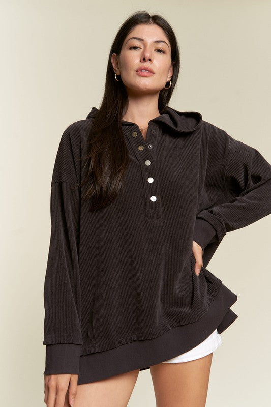 Long Sleeve Button Down Ribbed Hooded Sweatshirt-Charmful Clothing Boutique