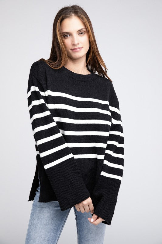 Ribbed Hem Stripe Sweater-Charmful Clothing Boutique